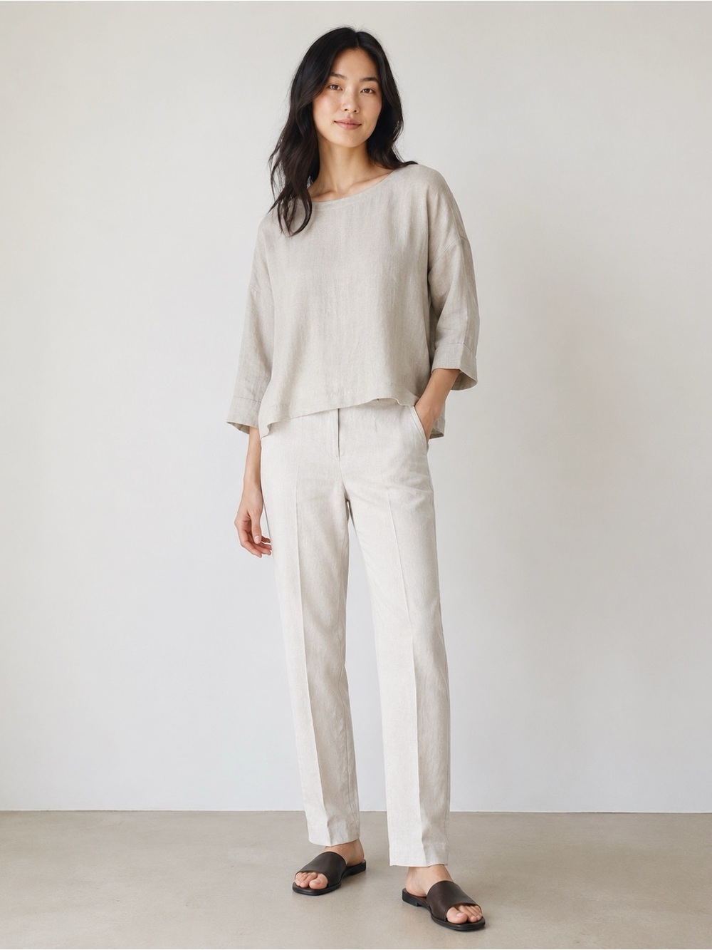 Eileen Fisher Woman Cream Stretch Linen High Rise Classic Fit Trouser SMALL